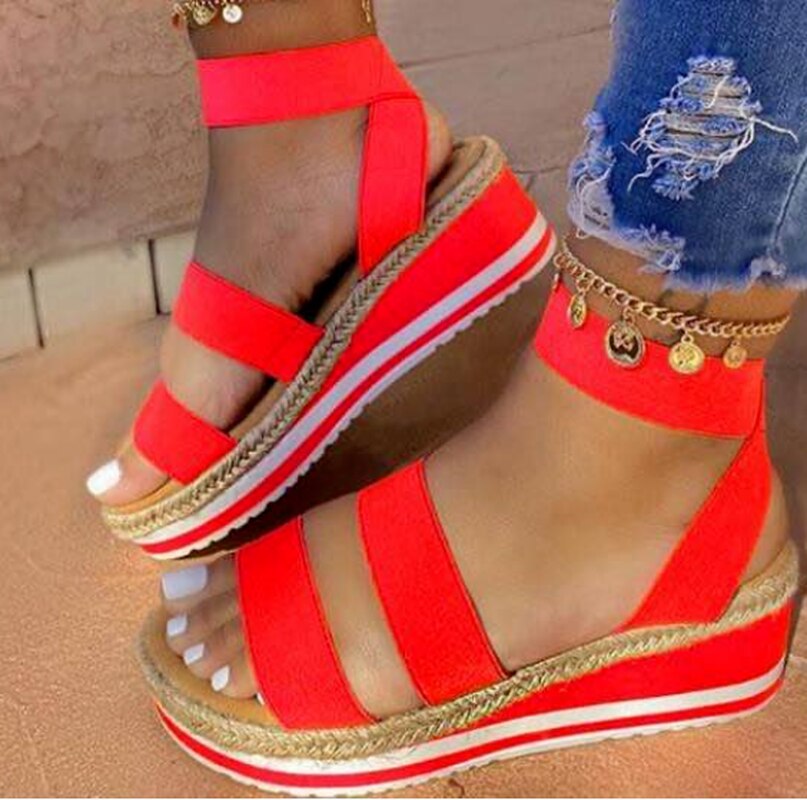 Roman Sandals Ladies 2022 Summer New Wedge Heels with Cross Ties Non-slip Shoes Fashion Candy Color Open Toe One Pedal Sandalias
