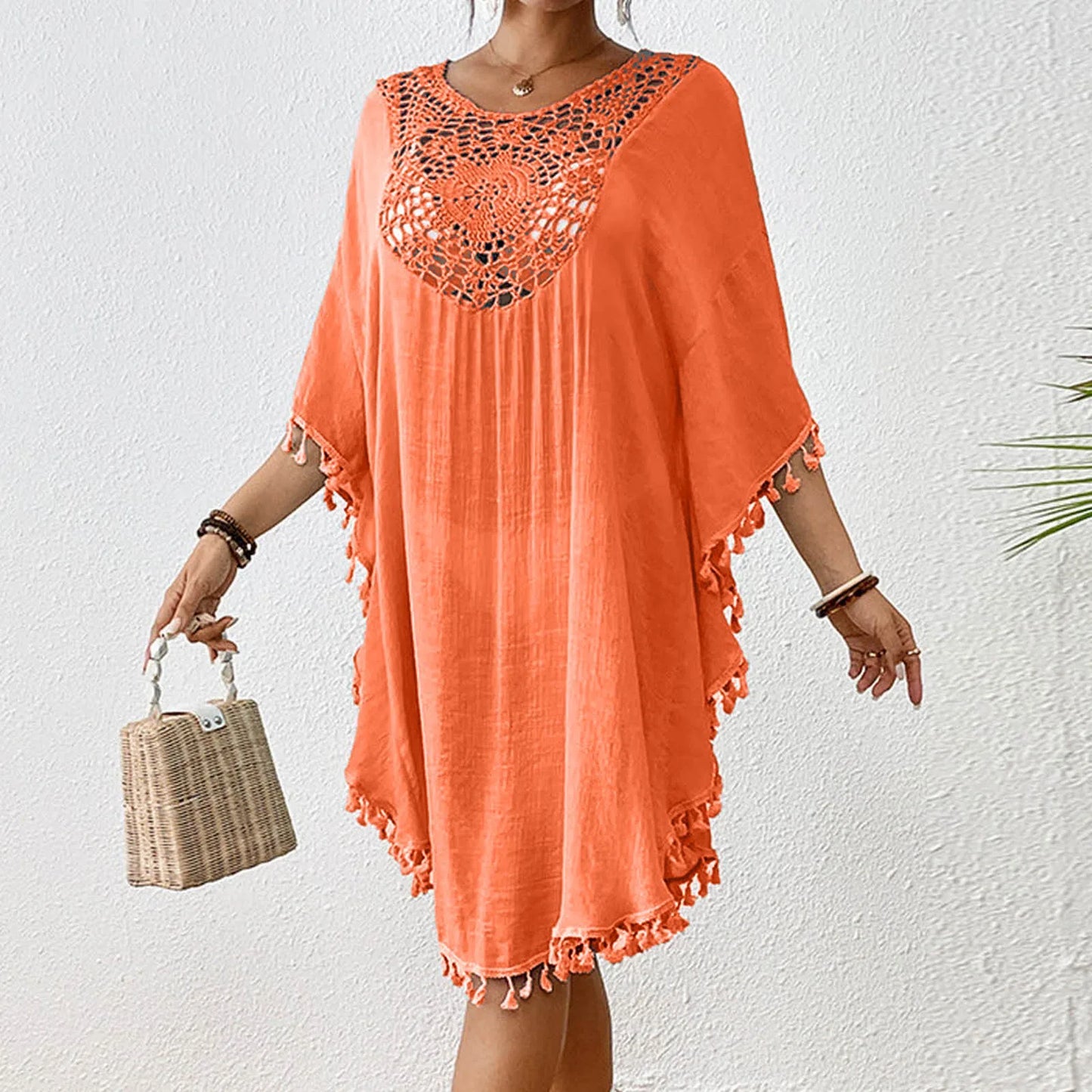Linen Cover Up Women'S Beach Top With Crochet Patchwork Tassel Swimsuit And Bikini Outerwear Women'S Kimono купальник 2024 тренд