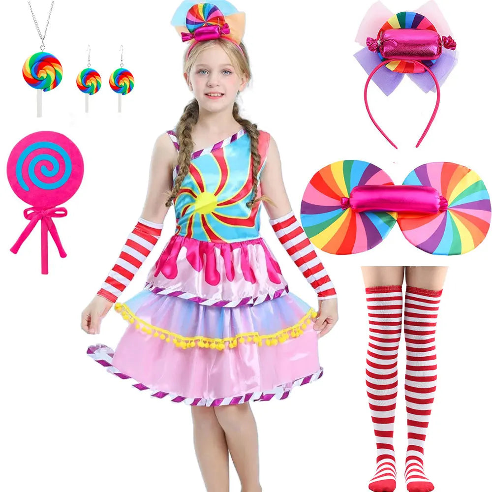 Delicate Princess Lollipop Fairy Costume Girls Halloween Candy Role Play Dress up Kid Carnival Purim Party Cute Vestidos Rainbow