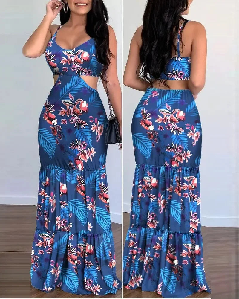 Women's Summer New Elegant Print Fashion Floral Sexy Backless Boho Maxi Ruffle Hollow Out Long Slim Beach Suspender Sheath Dress