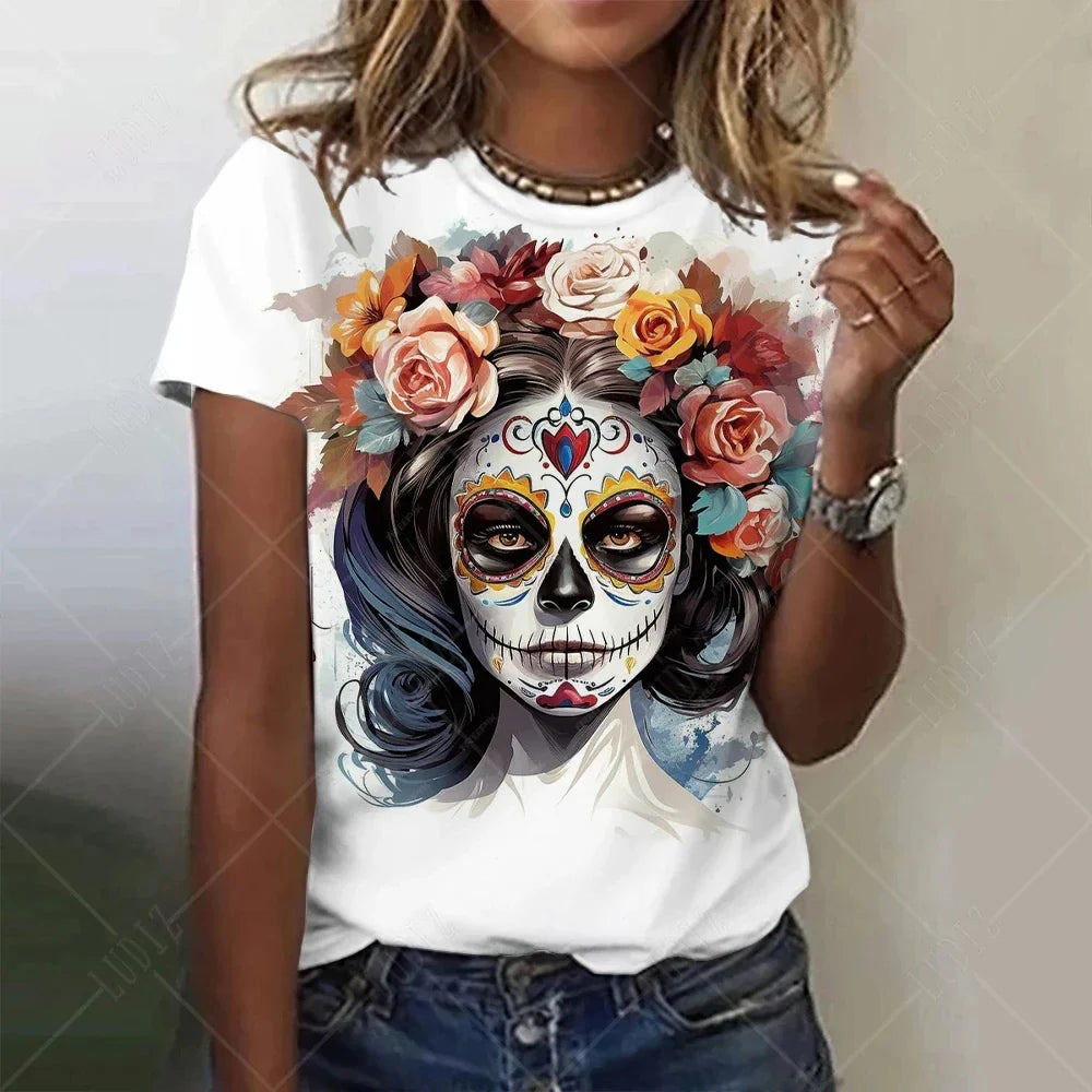 Summer Women Fashion T-shirt Mexican Day Of Dead Tops Tees Female Daily Casual Short Sleeve Clothing Ladies Vintage Outfit