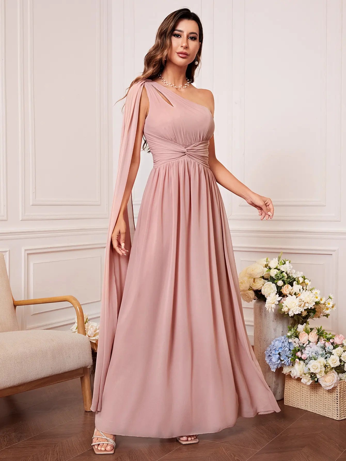 Unithorse One Shoulder Cut Out Twist Front Bridesmaid Dress