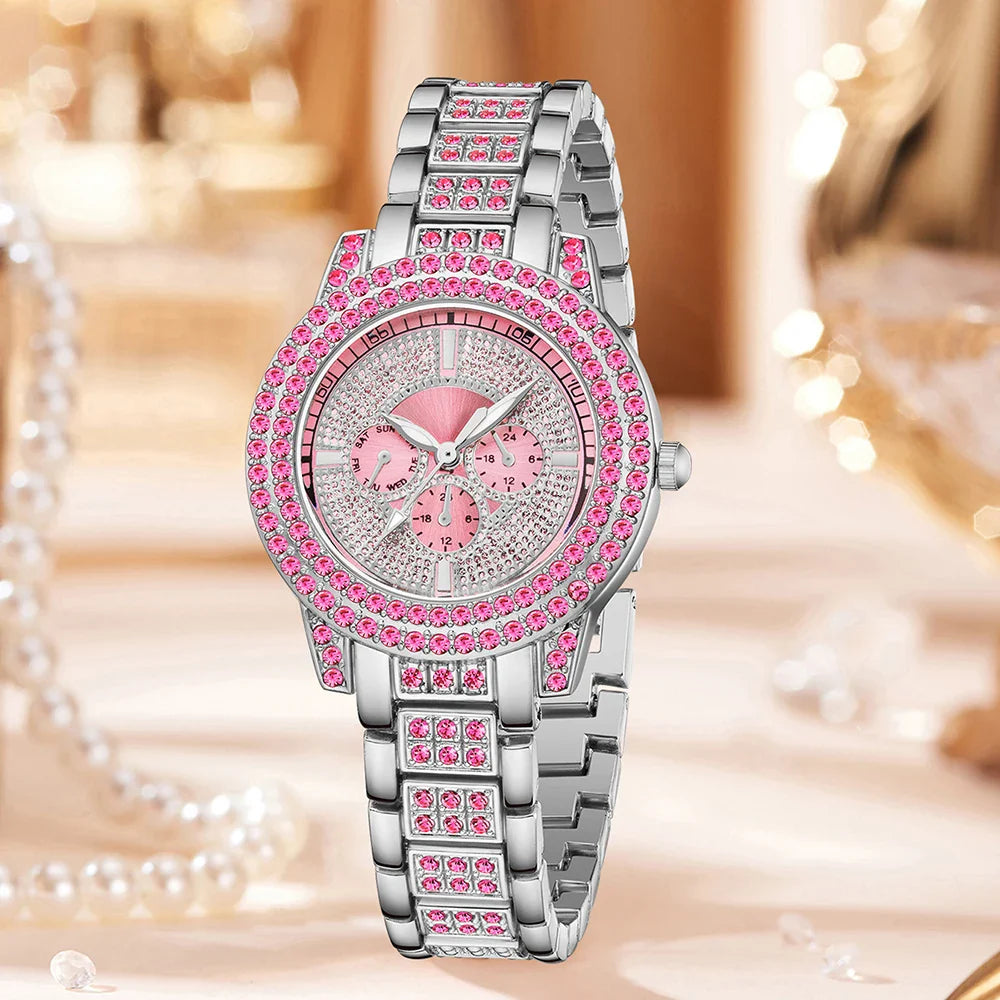 Pink Watch Women's Bracelet Necklace Jewelry Set Elegant Fashion Watch Women's Casual Watch Bracelet Set Clock (No Box)
