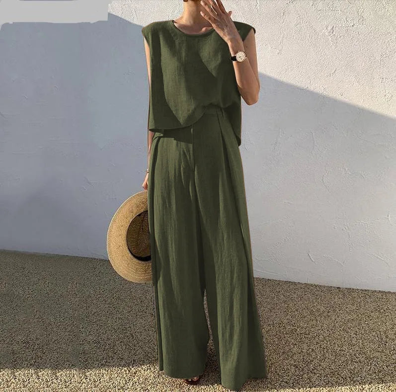 Lady Casual Loose 2 Piece Sets Fashion O-Neck Sleeveless Pullover Tops+wide Leg Pants Two Piece Sets For Women Summer Office New