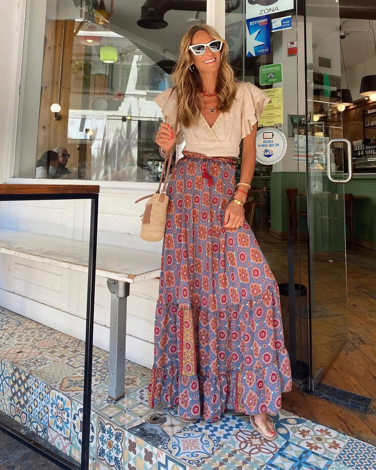 Summer High Waist Long Printed A-Line Skirt Floral Skirt Women Casual Beach Faldas Female Boho Elastic Waist Holiday Maxi Skirts