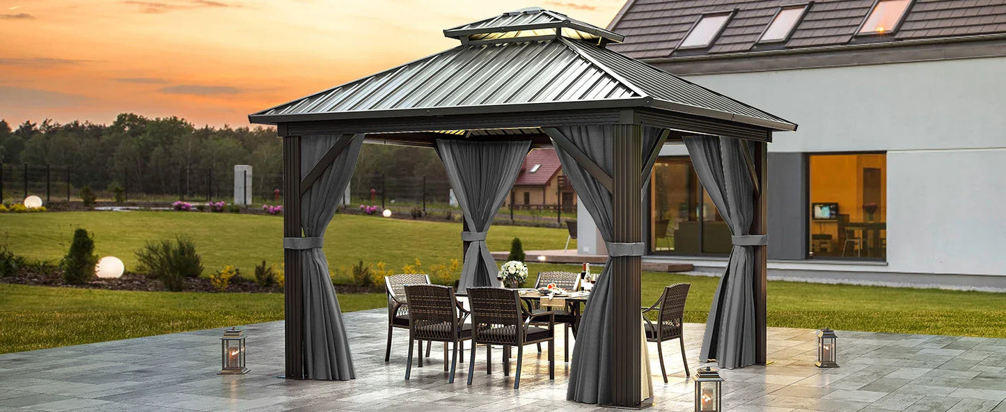 10x10ft Hardtop Gazebo, Nettings and Curtains, Heavy Duty Double Roof Galvanized Steel Outdoor Combined of Vertical Stripes Roof