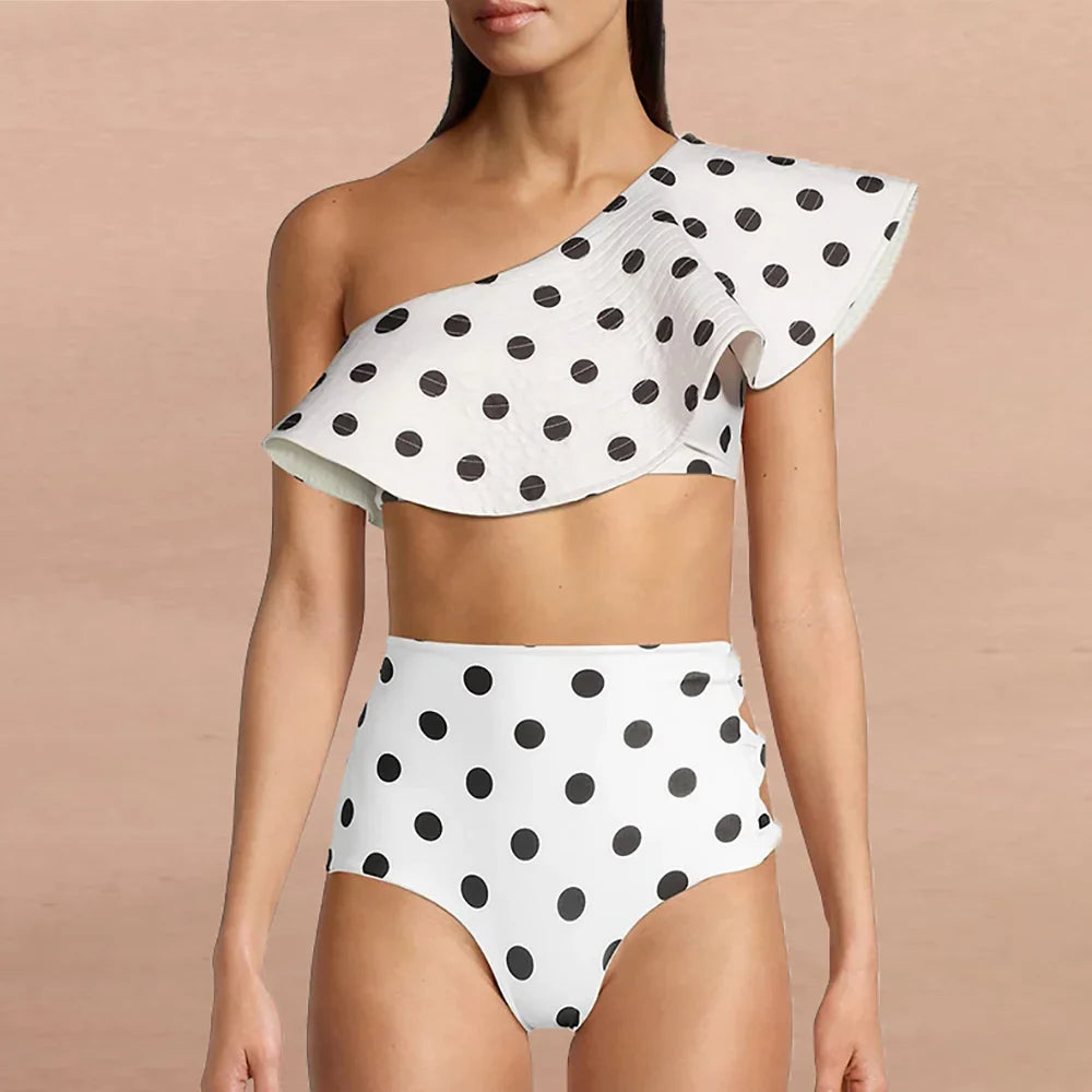 Women's Printed Ruffle Swimsuit Fashion One Shoulder Slash Breasted Bikini Two Piece High Waisted Tummy Tuck Beachwear 2024 New