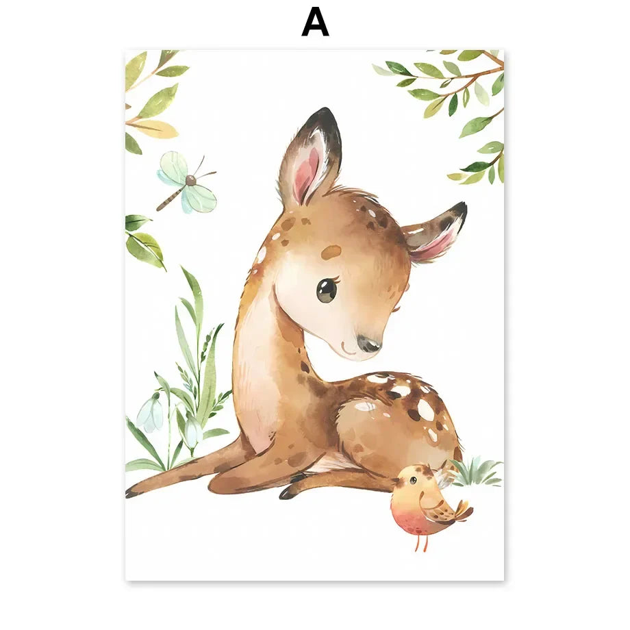 Woodland Nursery Prints Forest Animal Deer Rabbit Bear Fox Custom Wall Art Canvas Painting Poster Wall Pictures Kids Room Decor