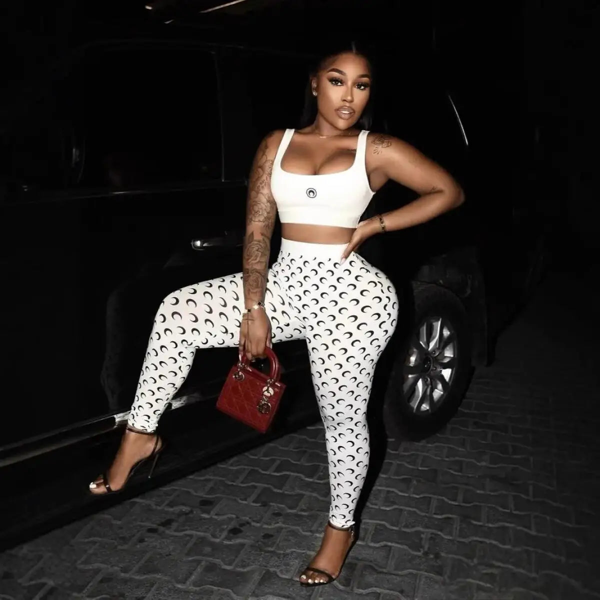 Y2K Fashion Women Two Piece Set Sexy Slim Fit Vest and Pants High Street Retro Crescent Print Matching Set