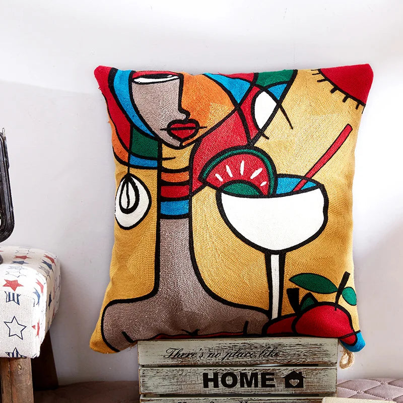 Drop Ship Cotton Canvas Embroidery Pillow Cover Abstract Cushion Cover Home Decor Cushion Decorative Pillow Case Pillow Sham