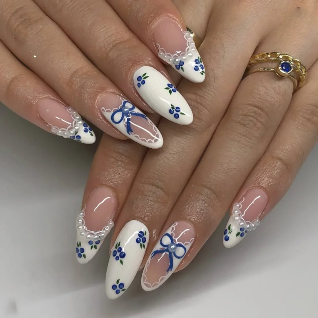 3D Lemon Blue White Striped French Nail Art Summer Chic Short Round False Nails Detachable Finished Fake Nails Press on Nails