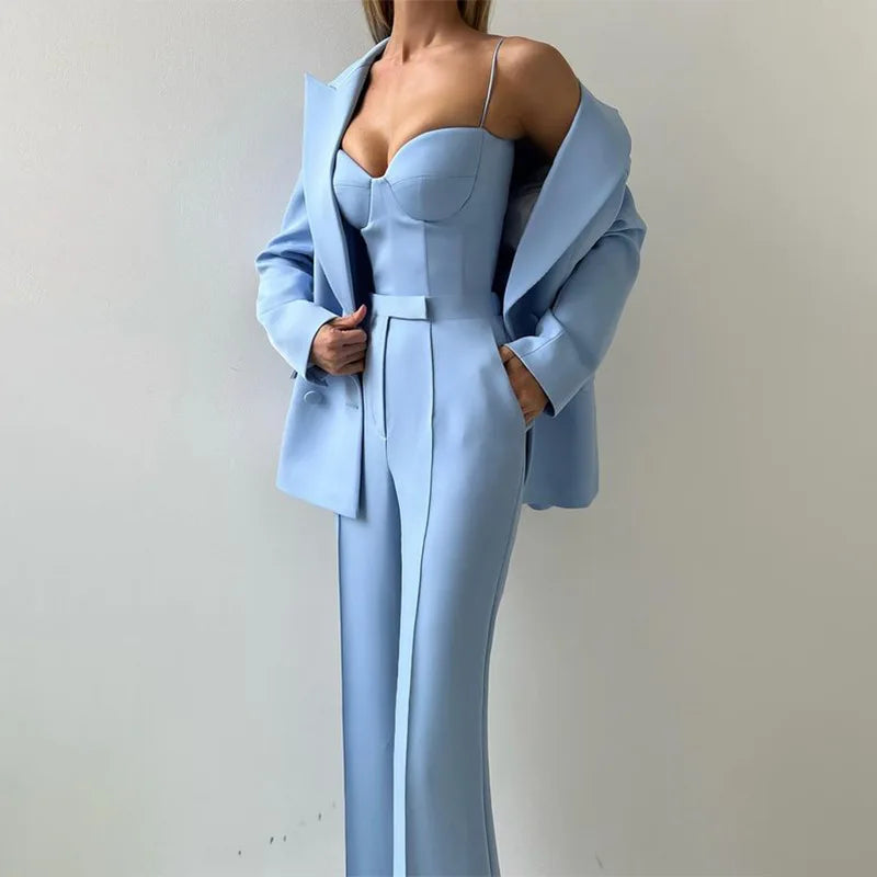 Solid Suit Jacket Corset Pants 3 Piece Set Women Corset Lapel Coat Straight Pants Lady Set 2026 Summer Autumn Commute Outfit New