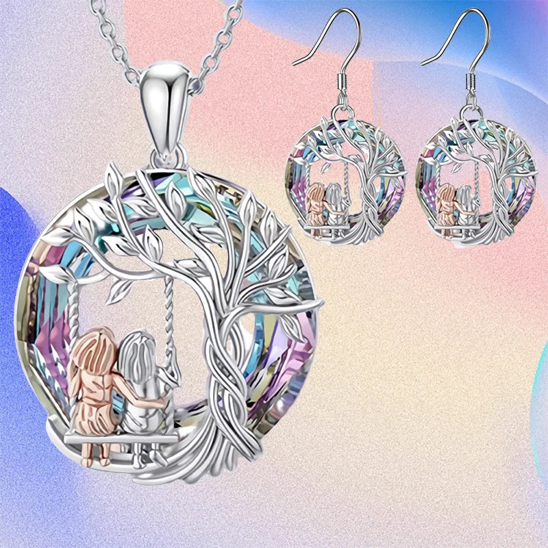 European and American Fashion Sisters and The Tree of Life Pendant Necklace Earrings Sets  Anniversary  Women's Jewelry Set Gift