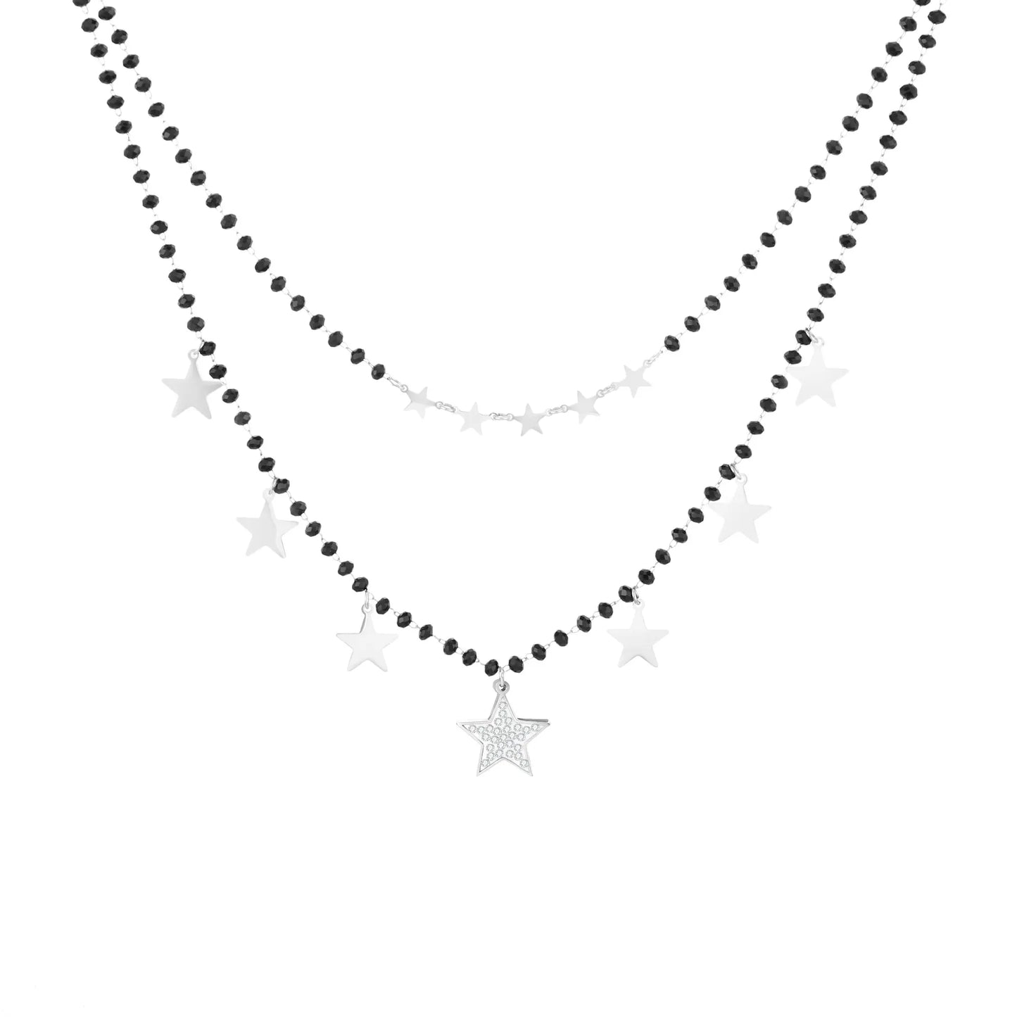 Fashion Double Layer Black Crystal Beads Necklace For Women Stainless Steel Star Choker Necklace Women's Jewelry femme Bijoux