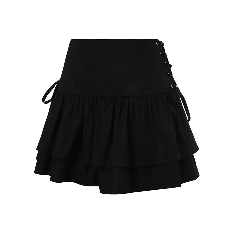 Women s Pleated High Waist Mini Skirt Solid Color Ruffle A-Line Skirt with Criss Cross Tie Up Detail
