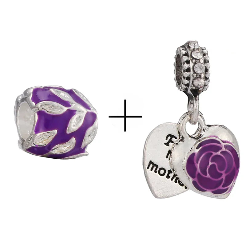 BRACE CODE 2Pcs/Lot Pan Spring New Purple Charm Love Floral Diy Beads Pendant Making Men's Women's Children's Fine Bracelets