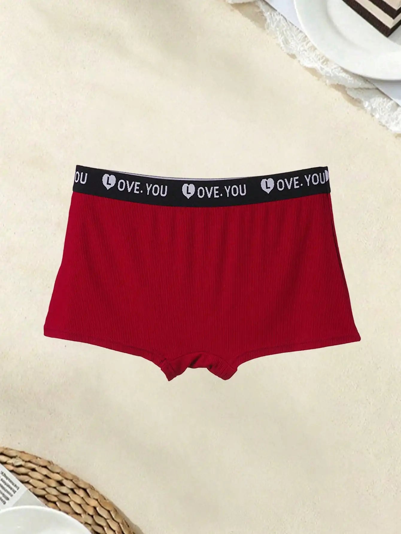 7Pcs Women Solid Ribbed Boxer Briefs, Heart Pattern Soft Breathable Comfort Daily Underwear