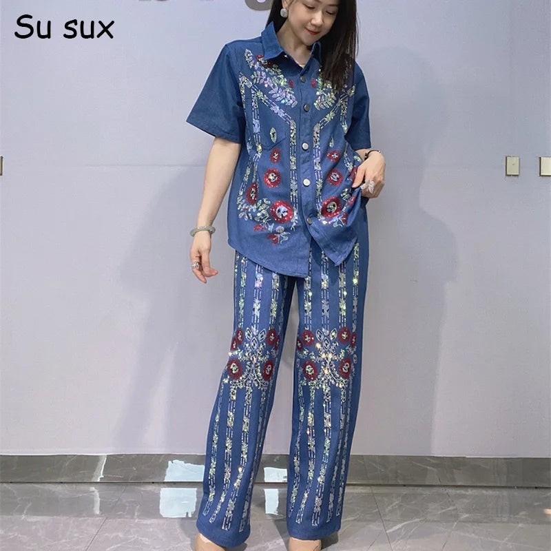 Sequins Flower Pattern Denim Turn Down Collar Short Sleeve T Shirt 2 Piece Set Woman Jeans Straight Leg Pant Set 2026 Summer