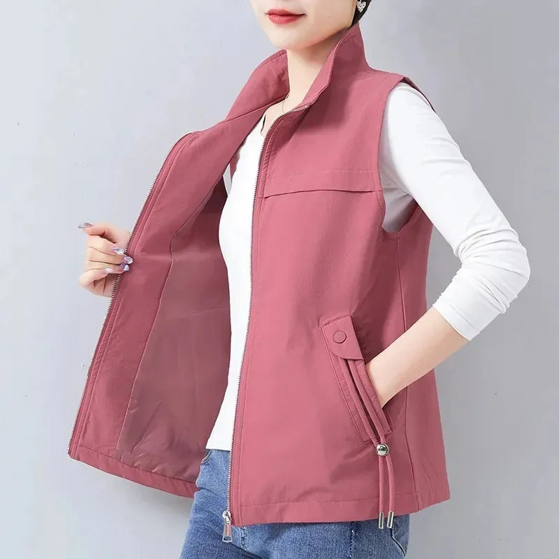 Casual Khaki Short Women's Vest Oversize Liner Sleeveless Jackets 2023 Spring Summer New Zipper Basic Waistcoat Female Outerwear