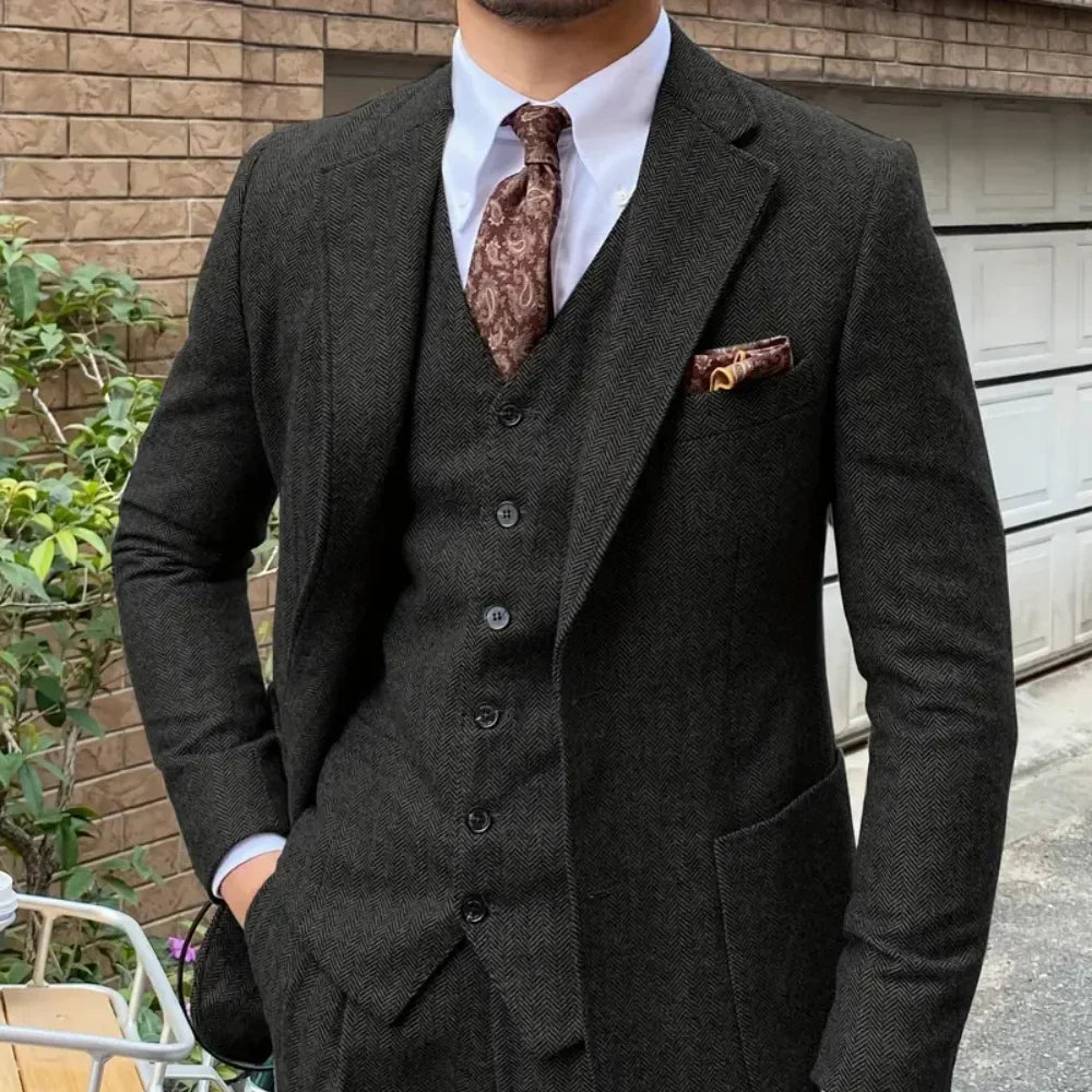 Elegant 3-Piece Men Tweed Formal Banquet Spineless Men Suit.
