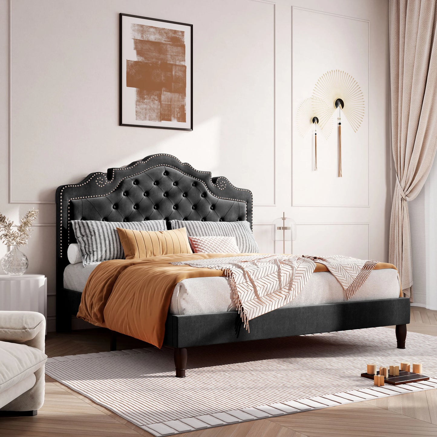 Bed Frame with Adjustable Velvet Tiara Headboard, Upholstered Diamond Button.