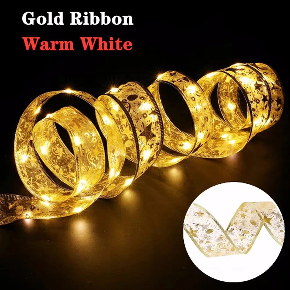 Christmas Luminous Bow Decoration Golden Christmas Ribbon Fairy String Lights for Home Party Christmas Tree and Gift Decor