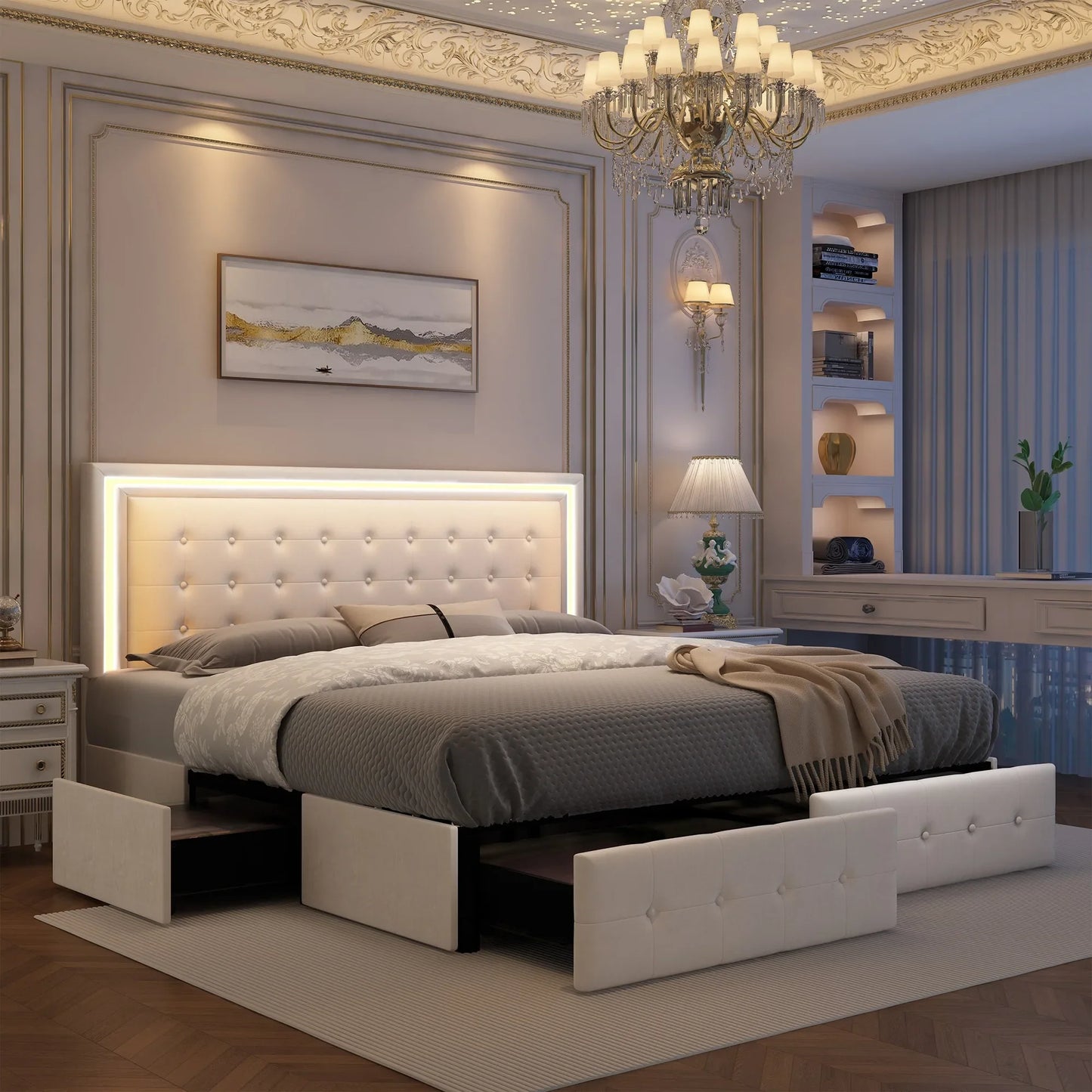 Queen LED Bed Frame, 4 Storage Drawers, Headboard, No Box Spring Needed