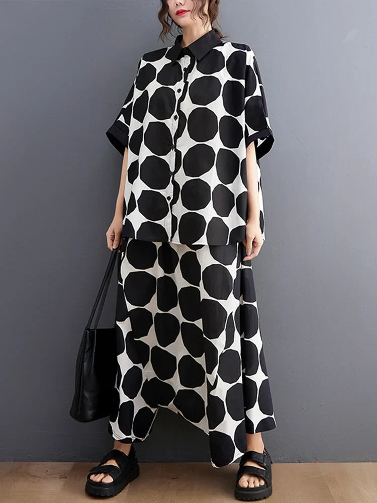 Polka Dot Print Summer Casual 2 Two Piece Set Short Sleeve Loose Blouse Women Shirt Top Fashion Clothing Harem Pants Suit 2026