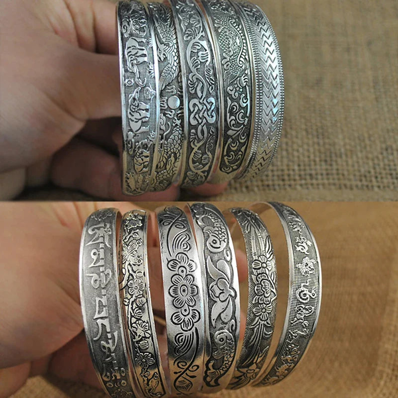 Retro Opening  Bracelet Jewelry Vintage Tibetan Silver Totem Carved Bangle Cuff