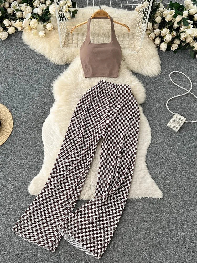 Fashion New Women Summer Sexy Pants Set 2023 Halter Tank Tops Wide-leg Long Pantsuit Female Slim Vacation Two Piece Sets
