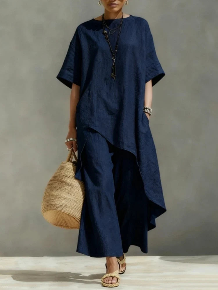 Women Cotton Linen Pant Sets 2 Pieces Casual Half Sleeve Solid Loose Irregular Blouse Elastic Waist Wide Leg Full Trousers Suits