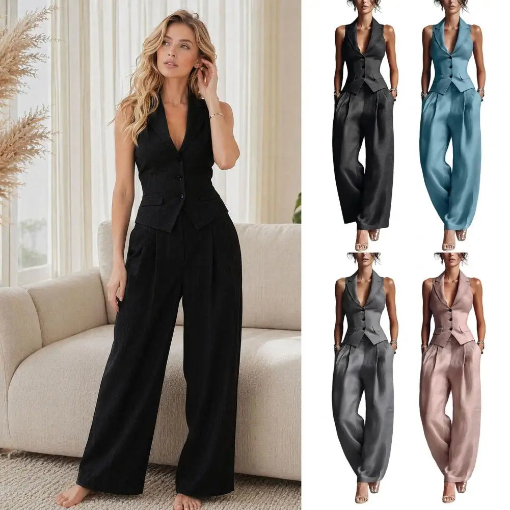 Women Outfit Women Two-piece Suit Women's Summer Two-piece Set Button-down Vest Wide Leg Pants Matching Outfit Business Workwear