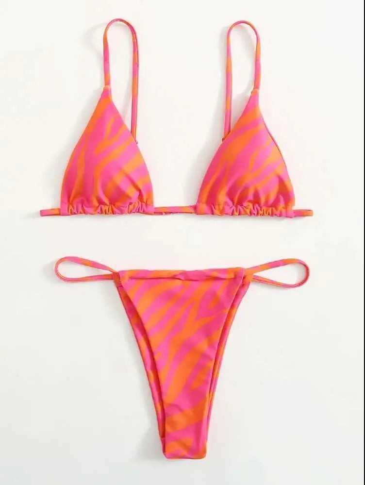 Sexy Triangle Split Swimsuit Striped Print Drawstring Women's Bikini Swimsuit