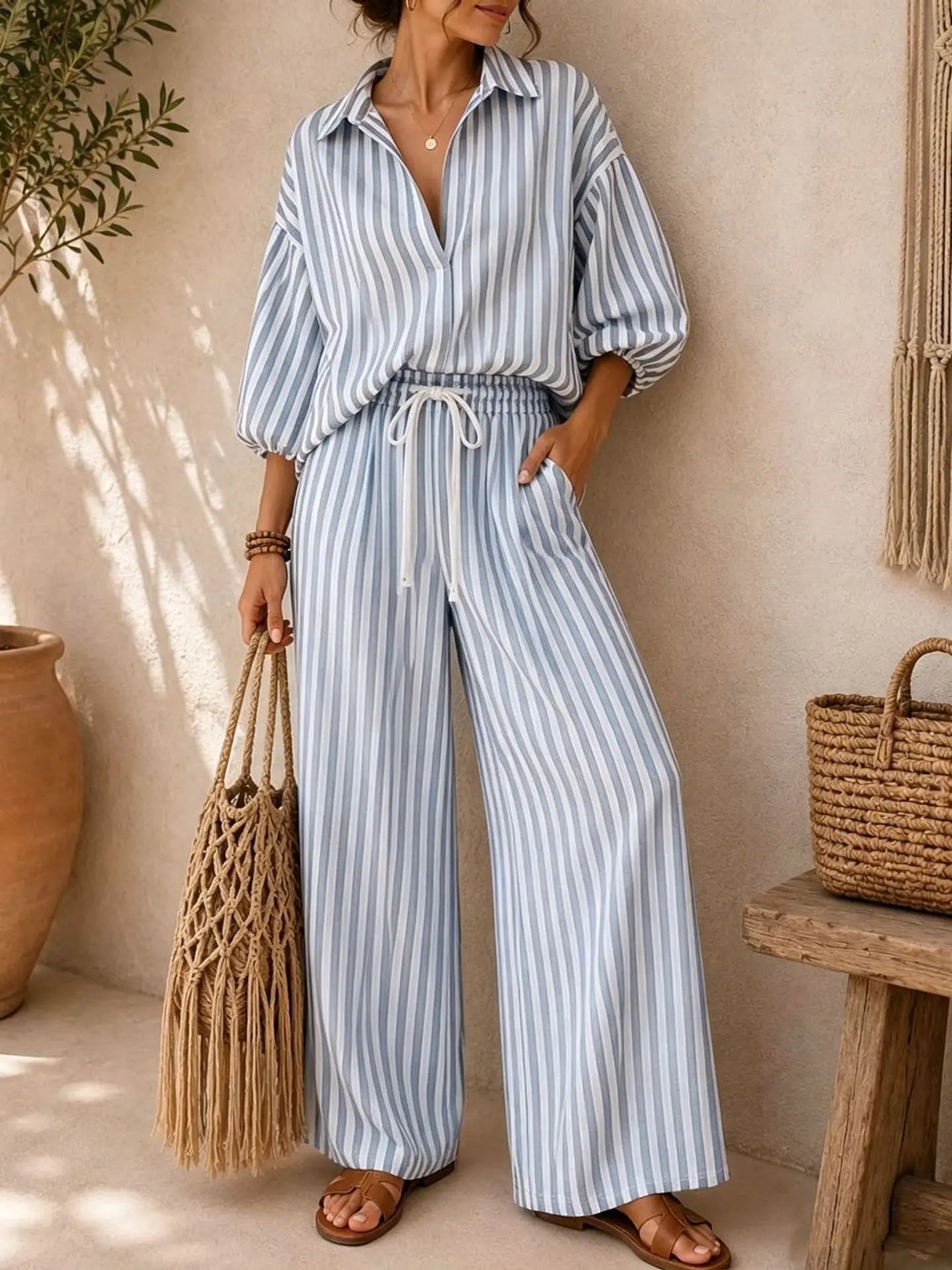 Fashion Stripe Two Piece Set Women Summer Autumn Casual V Neck Long Sleeved Top Wide Leg Pants 2 Piece Suit Women Outfit Sets