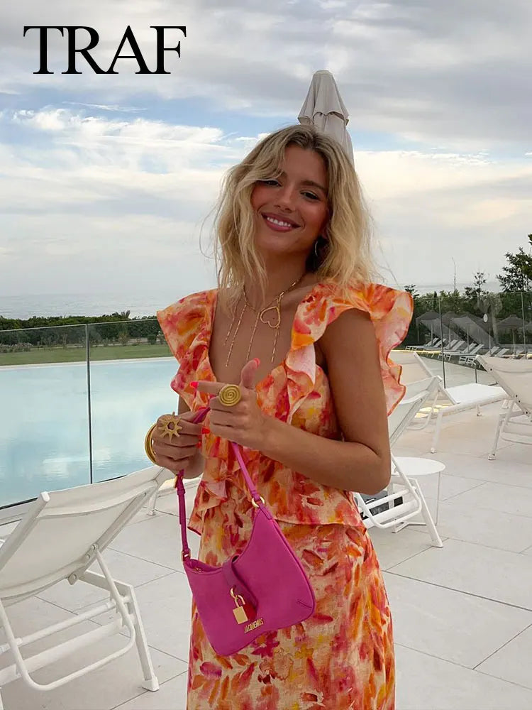 TRAF Summer Fashion Women Sexy V-neck Sleeveless Backless Orange Dress Ruffle Printed Hollow Out Women's Long Dresses For Beach