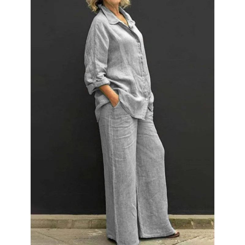 Solid Color Linen Two Piece Sets Women Outfits Spring Autumn Simple Long Sleeve Shirt Loose Trousets Set Office Casual Suit