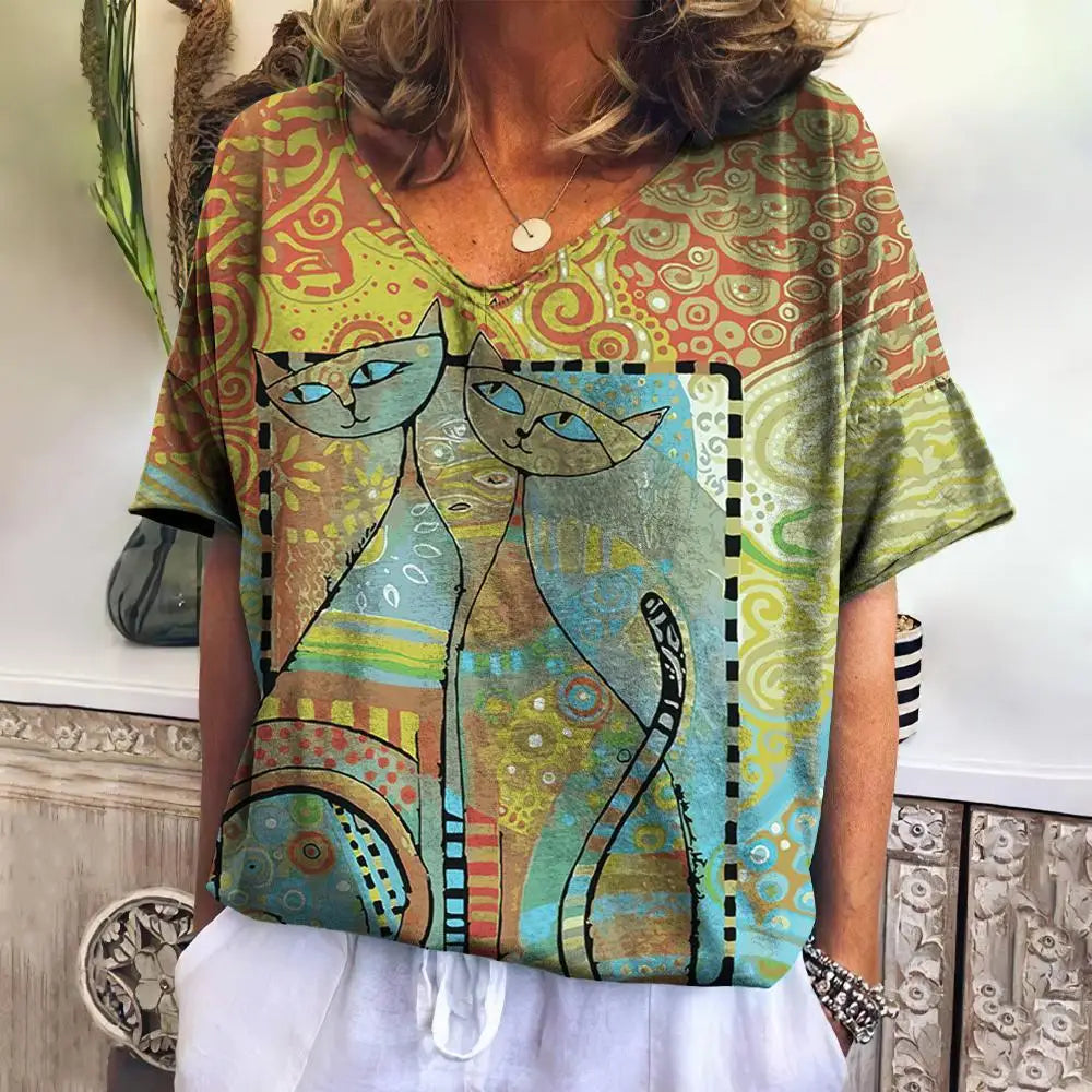 Women's T-shirt 3d Cute Cat Print V-neck Tops Summer New Kawaii Animal Short-sleeved Fashion Loose Large Size Women's Tops