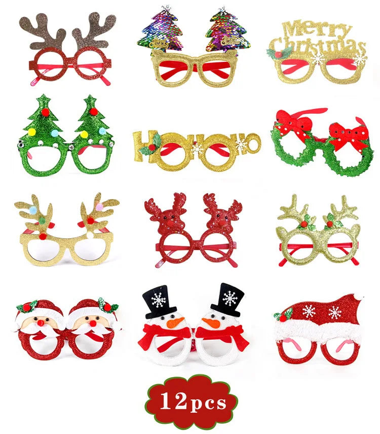 12pcs Sparkling Christmas Party Glasses Frames for Festive Celebrations Christmas Parties Decoration Accessories Holiday Favors