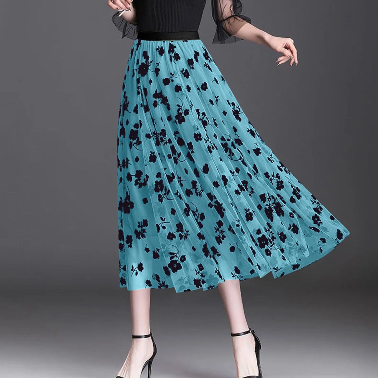 Women Vintage Fashion Floral Printed Flowy A Line Skirt Casual Boho Slim Fit Long Skirt Elegant Chic Summer Mesh Chiffon Skirts