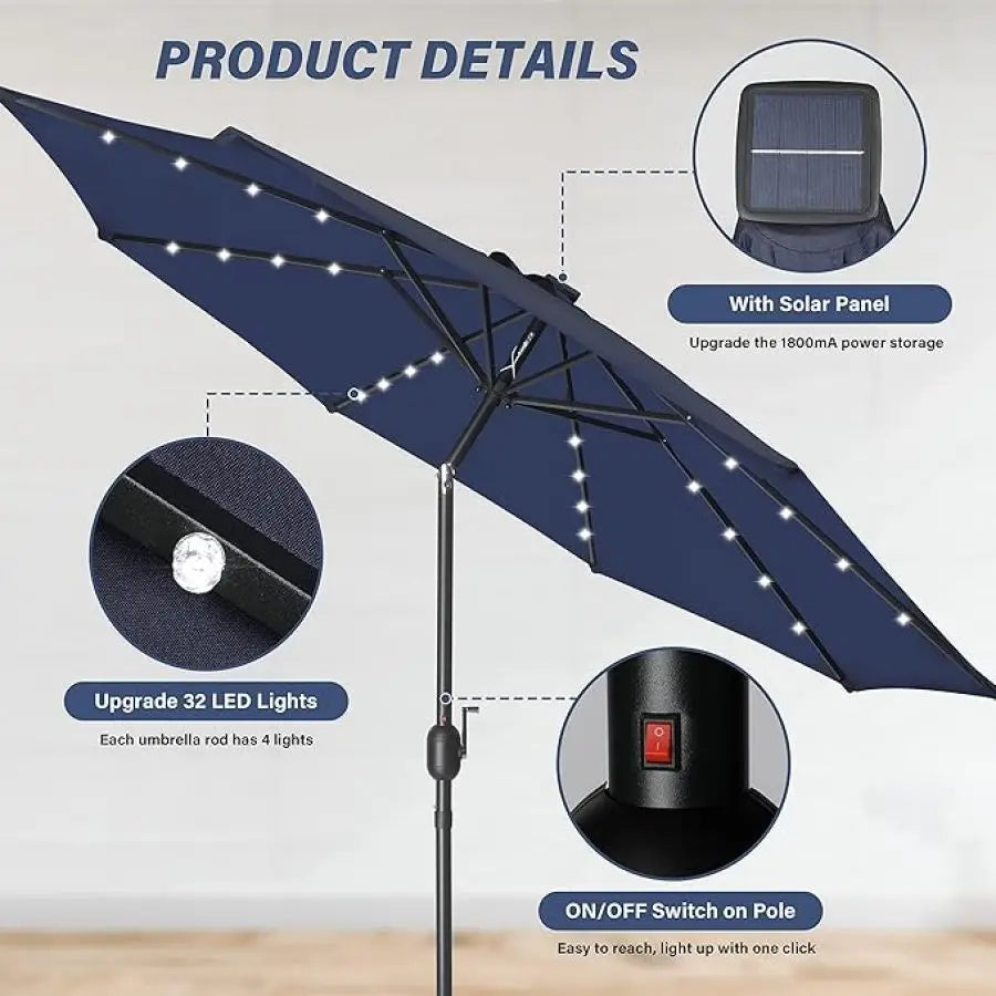 9' Solar Umbrella 32 LED Lighted Patio Umbrella Table Market Umbrella with Push Button Tilt Crank Outdoor Umbrella for Garden D
