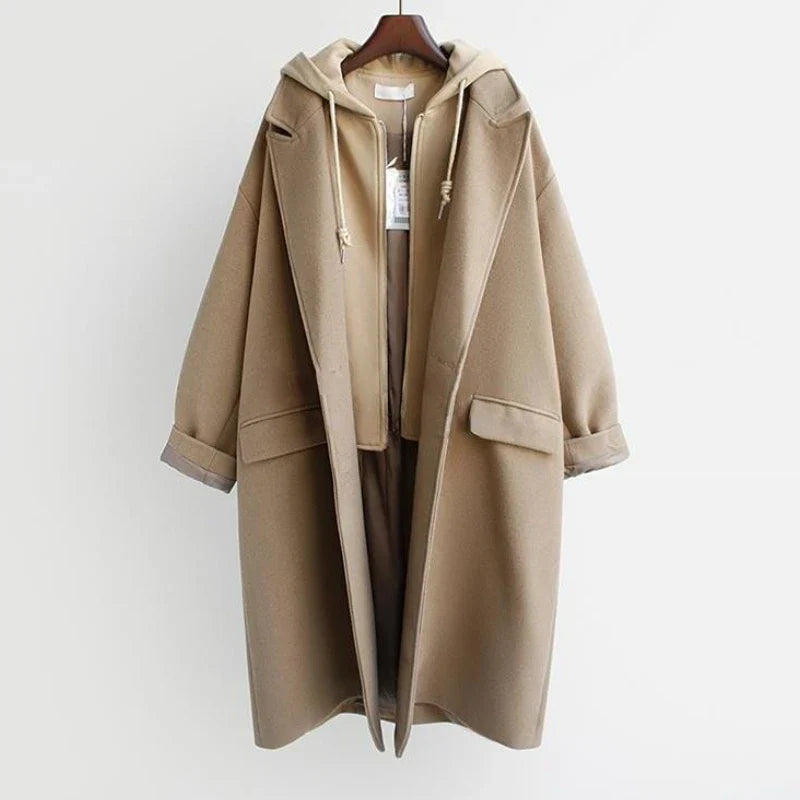 Wool Blends Coats Women Spliced Fake Two Piece Hooded Clothes Design Korean Fashion Preppy College Girlish Elegant Ladies Casual