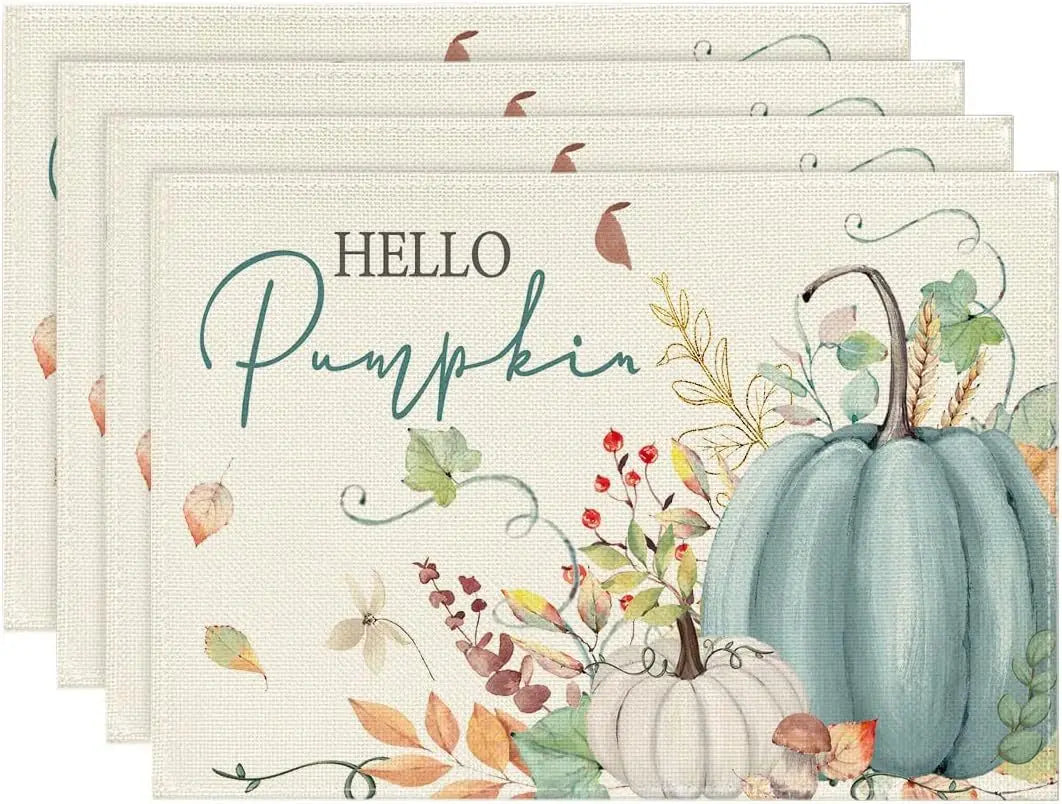 4PCS Thanksgiving Day Table Placemats 30*45cm Linen Autumn Pumpkin Maple Leaf Printed Dining Table Mat Festive Table Decoration