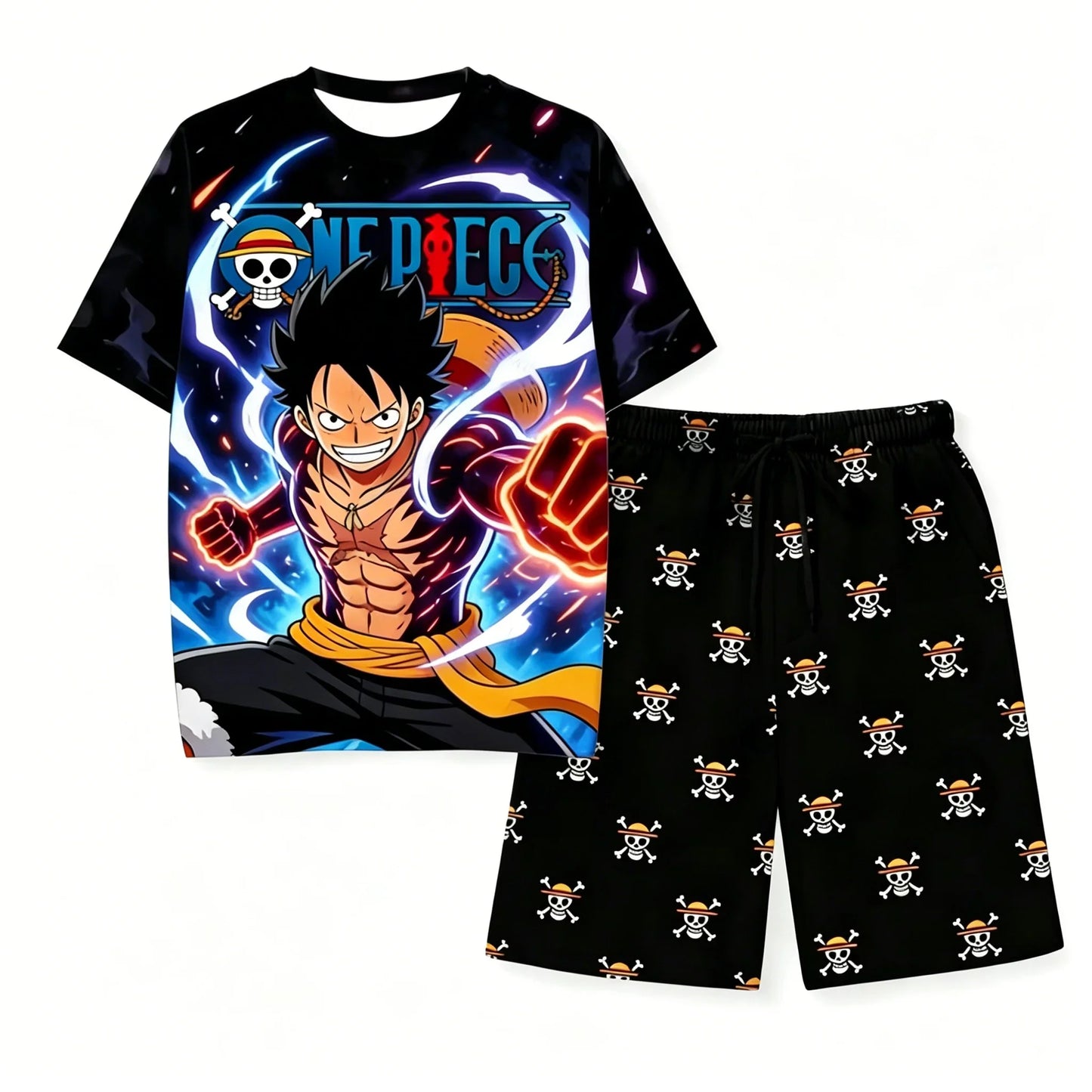 Anime One Piece Luffy Printed Short Sleeve T Shirt And Shorts Set Unisex Kids And Adults Casual Relaxed Indoor Loungewear Suit
