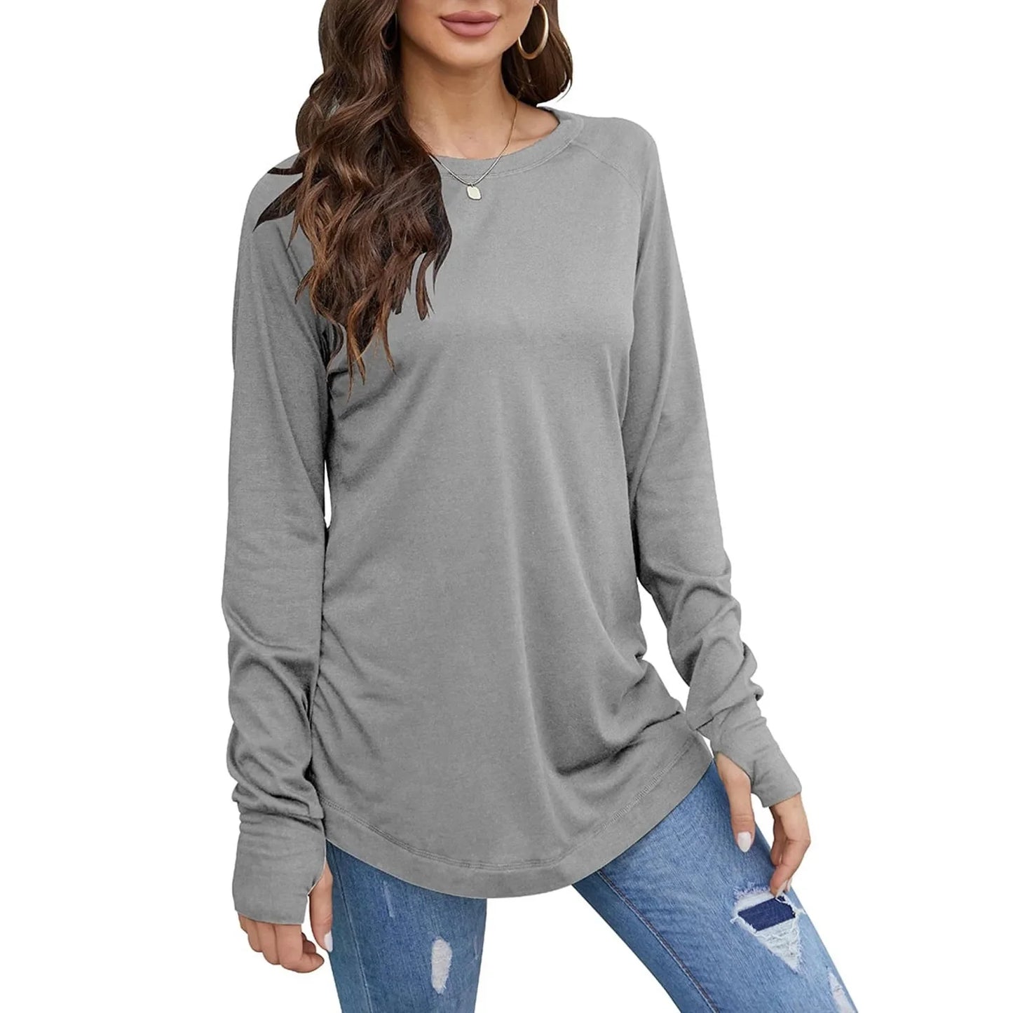 Women's Solid Round Neck Loose Long Sleeve Medium Length Leaky Thumb T-shirt Top