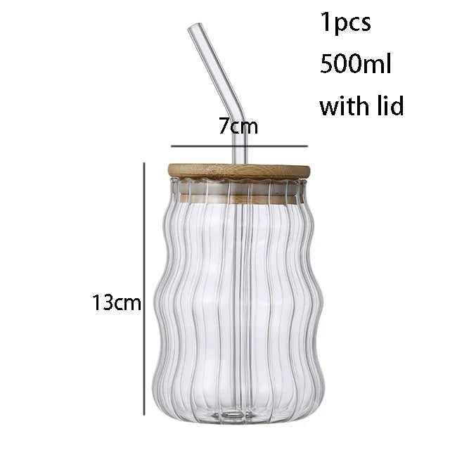 YWDL 500ml Glass Tumblers Cups With Straw Mason Jar Clear Juice Coffee Milk Cup With Bamboo Lids Drinkware Stripe Beer Mug