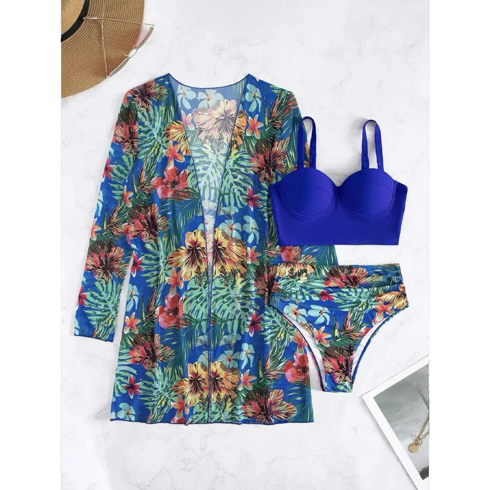 Three Pieces Bikini Set Cover Up Women New Push Up Twist Swimsuit Print Long Sleeve Swimwear Biquini Bathing Suit Summer