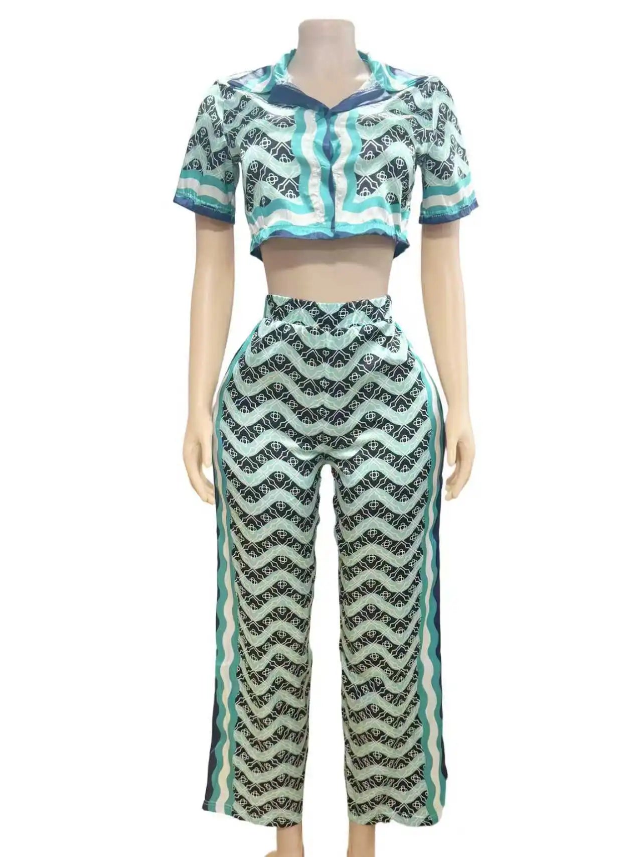 STYLISH LADY Printed Satin 2 Piece Set Women Short Sleeve Crop Top and Pant Suits 2025 Summer Elegant Party OL Outfits