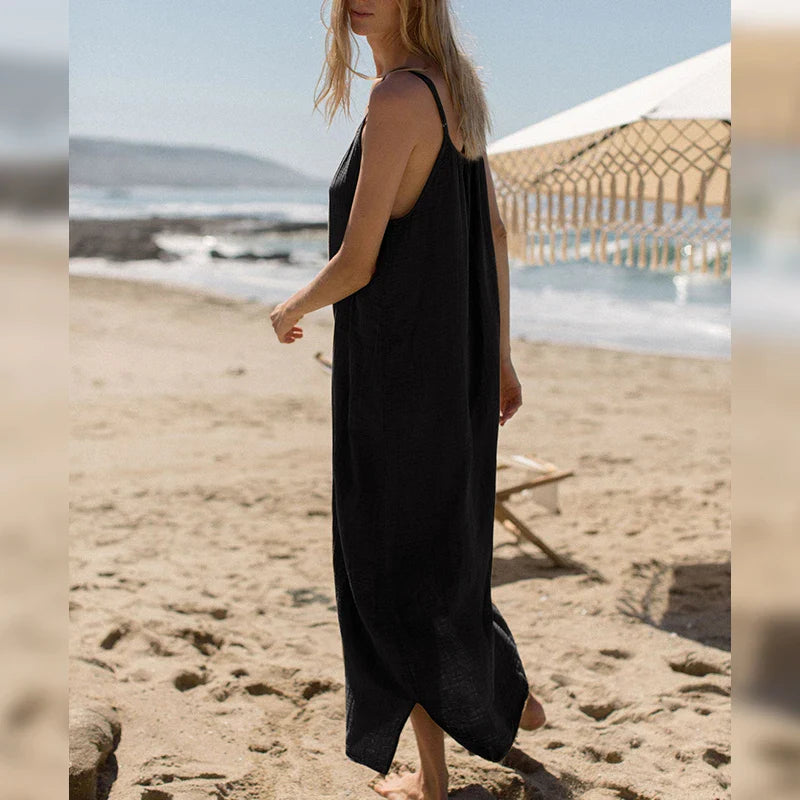Vintage 100% Cotton Women'S Dress Sexy Spaghetti Strap Casual Loose Holiday Beach Long Midi Party Elegant Dresses For Women 2024