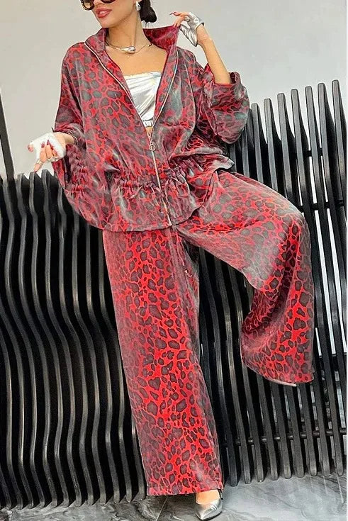Spring Autumn Fashion Leopard Print 2 Piece Sets Women Fall Lapel Zipper Drawstring Coat Wide-leg Pants Outfit  Long Sleeve Suit