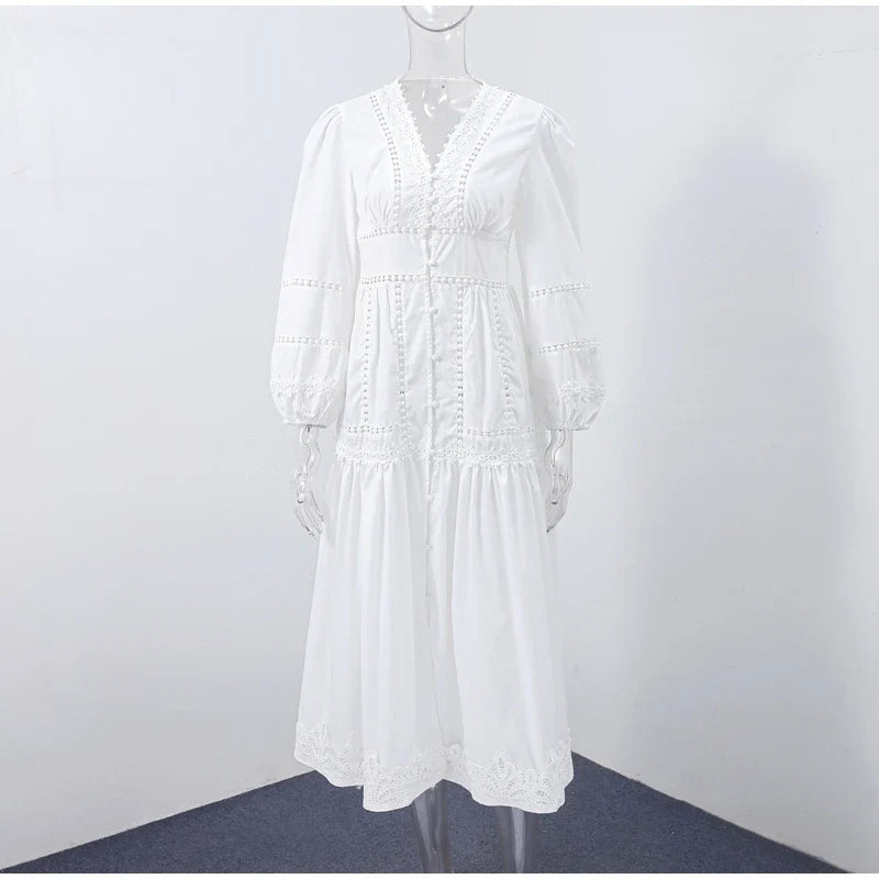 Elegant Lace Hollow Out Women's Long Dress Solid V-neck Patchwork Puff Sleeve Bodycon Dressess Female 2025 Spring New Lady Robes